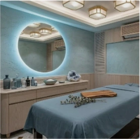 Premium body therapy room with circular mirror at Spa Palm Amore
